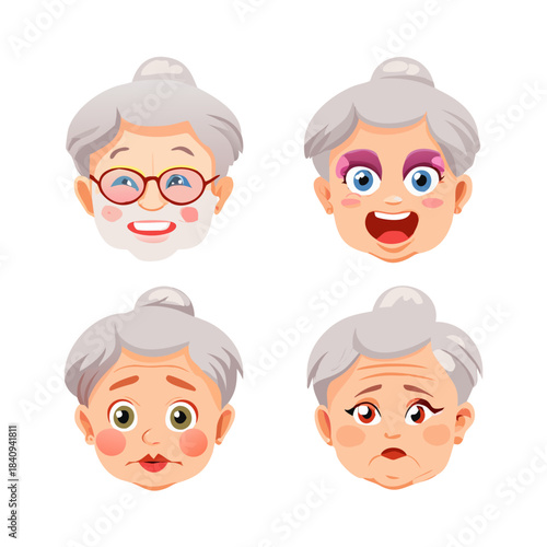 Old woman face constructor set isolated on white background. Vector cartoon illustration of elderly female avatar creation kit, collection of eyes, sad and smiling lips, eyebrows, different hairstyles