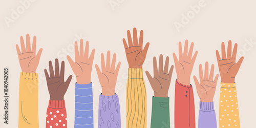 Diverse Hands Raised Together in Unity and Celebration