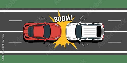 Illustration of Two Cars Colliding on Highway with Boom Effect