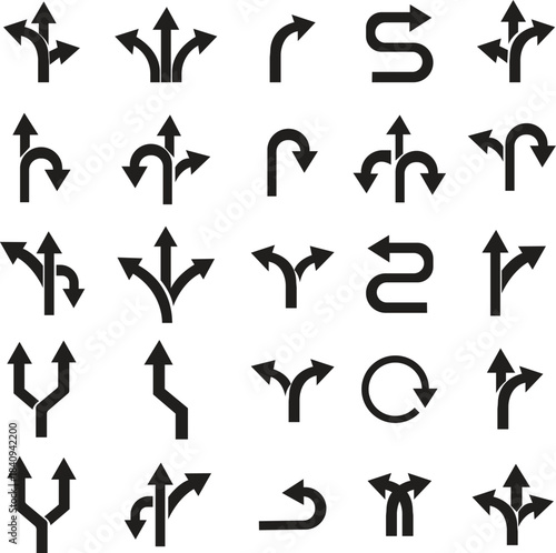 Way Direction Arrow Sign Icon set. Road navigation arrows. Driving direction mark, location point crossroad. Way direction arrow sign. Vector illustration. Traffic way icon isolated Road arrow.