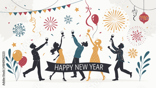 Happy group of friends celebrating New Year's with champagne and festive decorations