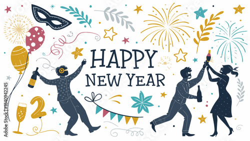 Happy New Year celebration with joyful people and festive decorations