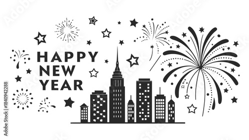 Happy New Year celebration in city with fireworks and stars