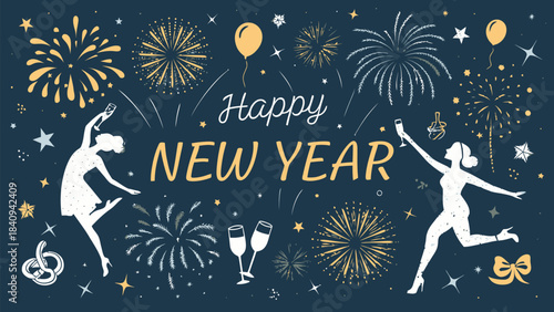 Happy New Year celebration with dancing women and fireworks