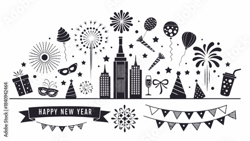 New York City skyline with Happy New Year celebration elements