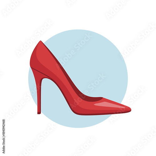 Vibrant Red High Heel Shoe Isolated on Light Blue Circle
