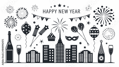 New Year's Eve celebration in city with fireworks and champagne