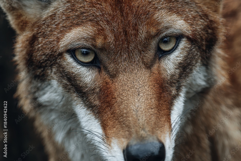 Fototapeta premium Close up of a rare and endangered Ethiopian wolf highlighting its striking features in the natural habitat of the Ethiopian Highlands during daylight hours