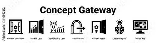 Concept Gateway web banner icon vector illustration concept for business with icon of Window of Growth, Market Door, Opportunity Lens, Future Gate, Growth Portal, Creative Spark.
