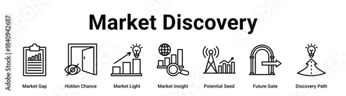 Market Discovery web banner icon vector illustration concept for business with icon of Market Gap, Hidden Chance, Market Light, Market Insight, Potential Seed, Future Gate.