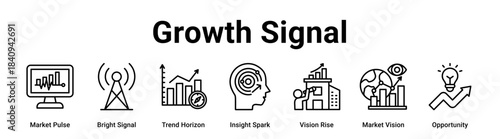 Growth Signal web banner icon vector illustration concept for business with icon of Market Pulse, Bright Signal, Trend Horizon, Insight Spark, Vision Rise, Market.
