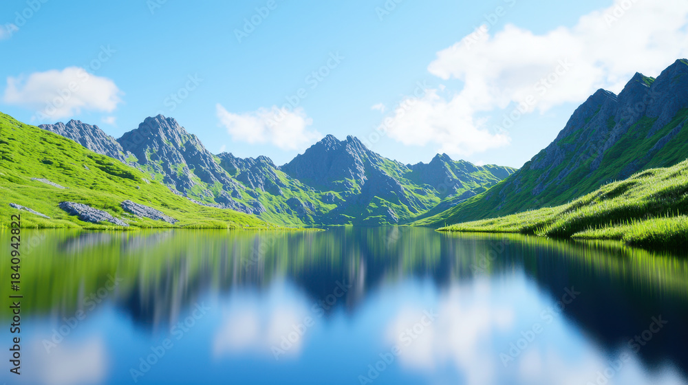 Fototapeta premium Serene mountain landscape with calm lake reflecting vibrant greenery and rugged peaks under clear blue sky