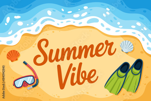 Summer Vibe Beach Scene with Snorkeling Gear and Shells