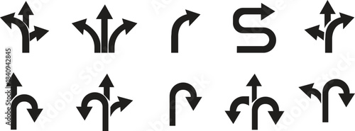 Way Direction Arrow Sign Icon set. Road navigation arrows. Driving direction mark, location point crossroad. Way direction arrow sign. Vector illustration. Traffic way icon isolated Road arrow.