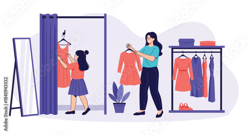 A mother and daughter are shopping for dresses in a clothing store, with the daughter in a fitting room trying on an outfit.