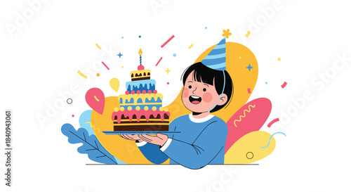A happy young boy in a blue party hat holds a vibrant, multi-tiered birthday cake with a candle, celebrating a festive occasion.