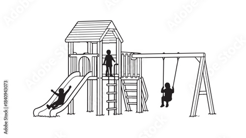 Outline vector illustration of children playing on a playground structure featuring a slide swings and a playhouse perfect for depicting childhood fun and outdoor recreation