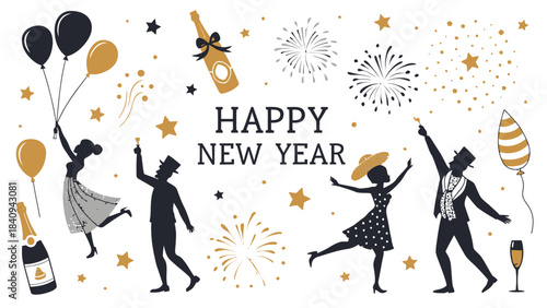 Happy New Year celebration with dancing people and party elements