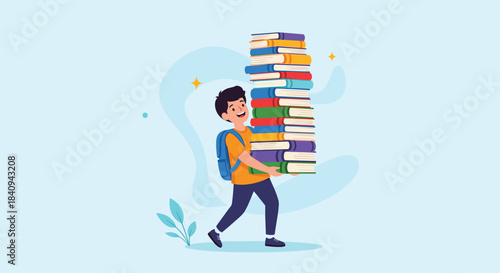 A happy young student with a backpack smiles while carrying an impossibly tall stack of colorful books, symbolizing a journey of learning and knowledge.