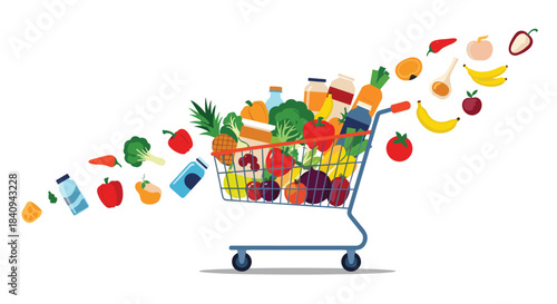 A variety of colorful fresh fruits, vegetables, and healthy groceries dynamically flow into and out of a shopping cart, illustrating abundance and healthy lifestyle.