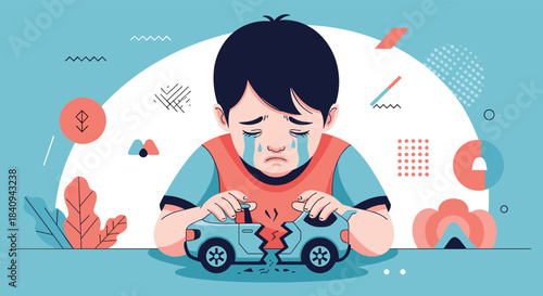 A distraught young boy cries with tears streaming down his face, holding the broken pieces of his toy car, symbolizing childhood grief.