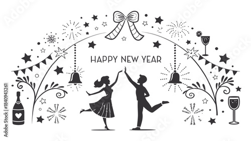 Couple dancing under Happy New Year celebration arch with fireworks