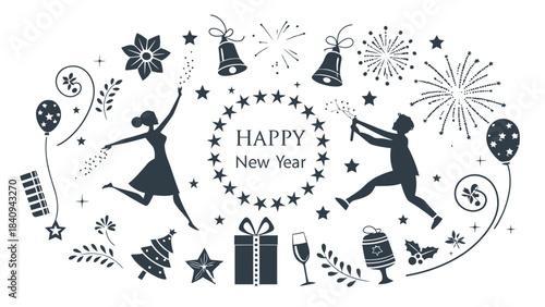 Happy New Year celebration with joyful people and festive decorations