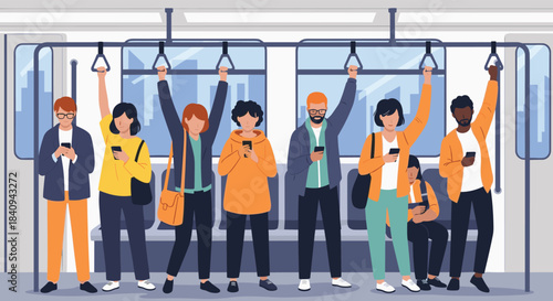 Diverse group of commuters on a train or subway, engrossed in their smartphones while traveling, highlighting modern-day mobile device use.