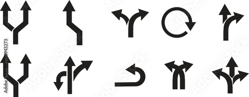 Way Direction Arrow Sign Icon set. Road navigation arrows. Driving direction mark, location point crossroad. Way direction arrow sign. Vector illustration. Traffic way icon isolated Road arrow.
