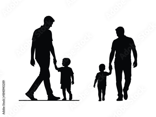 Fathers walking with their children silhouettes illustration