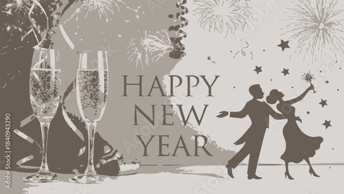 Couple celebrating Happy New Year with champagne and fireworks