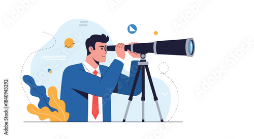 Businessman in a suit looks through a telescope, symbolizing future vision, strategic planning, and the search for new opportunities.