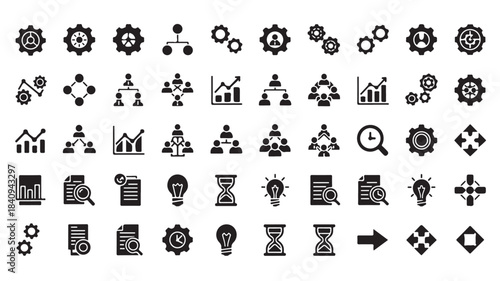 Comprehensive set of business process and data analytics glyph icons flat vector design for web and mobile apps isolated on white background