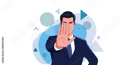 Businessman in a dark suit makes a clear stop gesture with his hand, conveying refusal, caution, or a boundary.