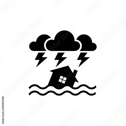 House in flood with storm clouds and lightning icon