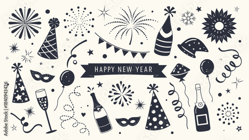 New Year's celebration icons with champagne and fireworks decorations