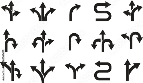 Way Direction Arrow Sign Icon set. Road navigation arrows. Driving direction mark, location point crossroad. Way direction arrow sign. Vector illustration. Traffic way icon isolated Road arrow.