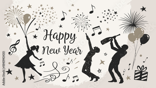 Happy New Year celebration with dancing people and fireworks