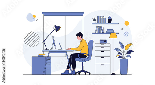A man works diligently at his desk in a modern home office with a computer, laptop, and various office supplies.