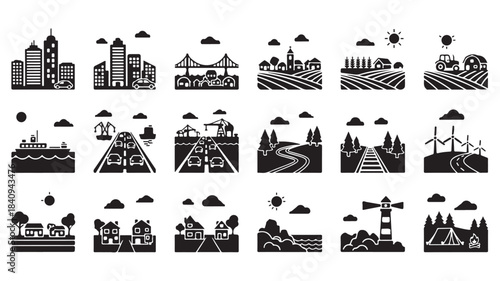 Collection of diverse landscape and infrastructure icons featuring urban rural and natural scenes in a flat silhouette vector style perfect for web and app design.