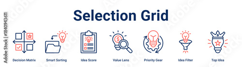 Selection Grid web banner icon vector illustration concept for business with icon of Decision Matrix, Smart Sorting, Idea Score, Value Lens, Priority Gear, Idea Filter.