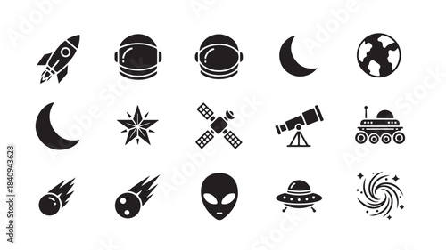 Diverse set of space exploration and astronomy icons featuring rockets planets and astronauts in a modern glyph style ideal for web app and science projects.