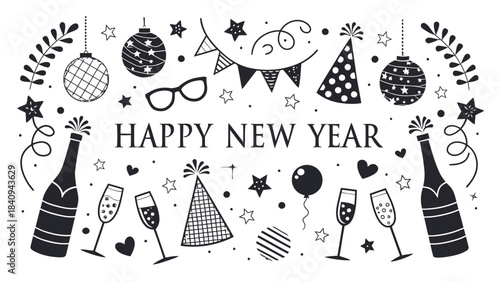 Happy New Year celebration with festive decorations and champagne