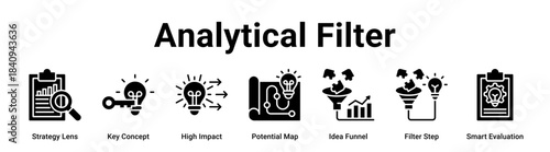 Analytical Filter web banner icon vector illustration concept for business with icon of Strategy Lens, Key Concept, High Impact, Potential Map, Idea Funnel, Filter Step.