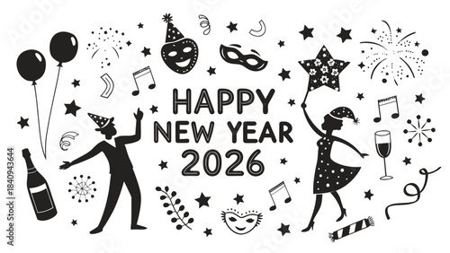 Celebrate New Year's 2026 with joyful party elements and decorations