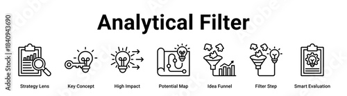 Analytical Filter web banner icon vector illustration concept for business with icon of Strategy Lens, Key Concept, High Impact, Potential Map, Idea Funnel, Filter Step.