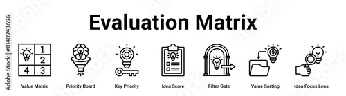 Evaluation Matrix web banner icon vector illustration concept for business with icon of Value Matrix, Priority Board, Key Priority, Idea Score, Filter Gate, Value Sorting, Idea.