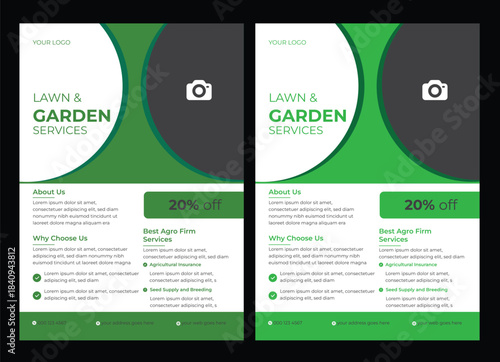 Lawn Care and Gardening Services Flyer Design | Landscaping leaflet design set Lawn and gardening service flyer design template. Tree and gardening service poster leaflet design. lawnmower flyer templ