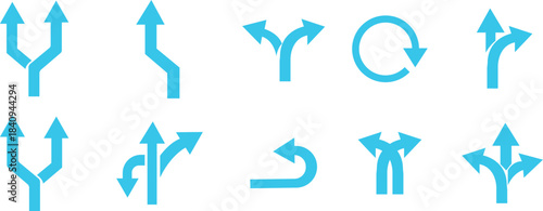 Way Direction Arrow Sign Icon set. Road navigation arrows. Driving direction mark, location point crossroad. Way direction arrow sign. Vector illustration. Traffic way icon isolated Road arrow.