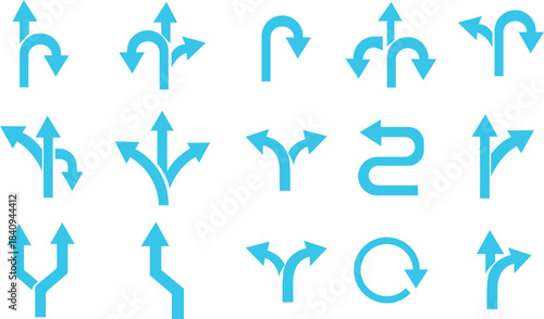 Way Direction Arrow Sign Icon set. Road navigation arrows. Driving direction mark, location point crossroad. Way direction arrow sign. Vector illustration. Traffic way icon isolated Road arrow.